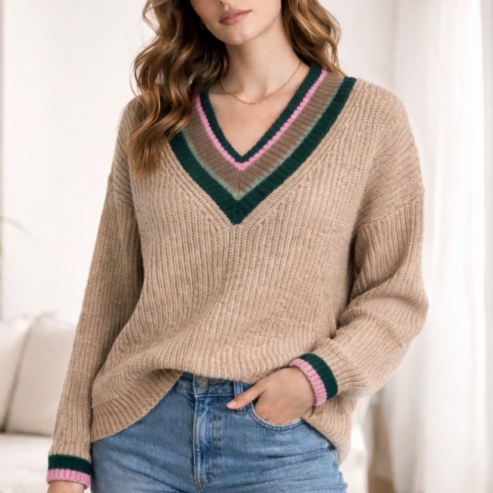 Madewell Tipped Forest Tan Wool Blend V Neck Sweater Medium
